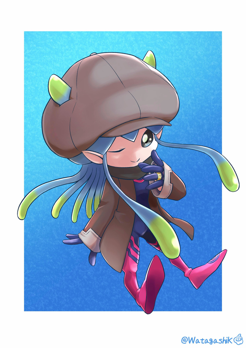 1girl absurdres artist_name blue_background blue_bodysuit bodysuit border brown_headwear brown_jacket digimon digimon_(creature) full_body hat highres horns jacket jellyfish jellyfish_girl jellymon long_hair looking_at_viewer monster_girl one_eye_closed open_clothes open_jacket pink_bodysuit pointy_ears simple_background solo tentacle_hair tentacles two-tone_bodysuit watagashikn white_border