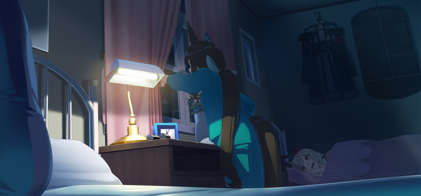 2girls admire_vega_(umamusume) animal_ears aqua_pants aqua_shirt bed bedroom blanket brown_hair clock clothes clothes_hanger curren_chan_(umamusume) curtains grey_hair highres horse_ears horse_girl horse_tail indoors lamp long_hair long_sleeves looking_at_another low_ponytail lying multiple_girls nightstand on_side open_mouth pajamas pants pillow plant potted_plant shirt short_hair smile standing tail takuzui umamusume under_covers window