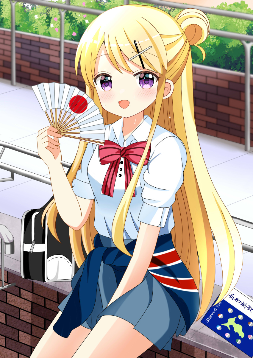 1girl :d absurdres bag between_legs blonde_hair blue_skirt blush bow breasts brick_wall collared_shirt commentary_request flower folding_fan hair_bun hair_ornament hairclip hand_between_legs hand_fan hand_up highres holding holding_fan japanese_flag kin-iro_mosaic kujou_karen long_hair looking_at_viewer pink_flower pleated_skirt puffy_short_sleeves puffy_sleeves red_bow ryoutan school_bag school_uniform shirt short_sleeves single_side_bun skirt small_breasts smile solo striped striped_bow swept_bangs very_long_hair violet_eyes white_flower white_shirt x_hair_ornament
