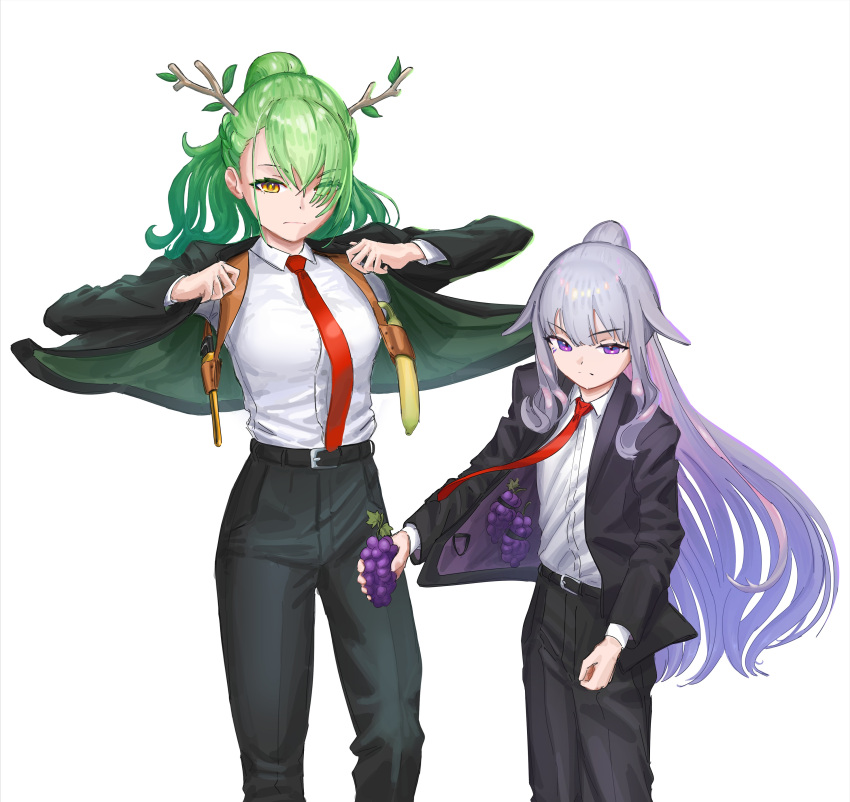 2girls absurdres antlers banana black_jacket black_pants black_suit business_suit ceres_fauna colored_inner_hair food formal fruit grapes green_hair grey_hair hair_ornament highres hitman_(game) hololive hololive_english holster jacket koseki_bijou long_hair looking_at_viewer multicolored_hair multiple_girls necktie pant_suit pants pink_hair pipe_wrench red_necktie shoulder_holster suit suit_jacket violet_eyes virtual_youtuber white_background yellow_eyes yokasparetime