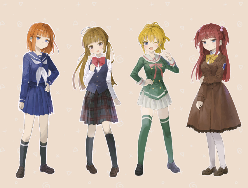 4girls ;d aged_down black_socks blonde_hair blue_eyes blue_serafuku blue_skirt blue_vest blunt_bangs bow bowtie brown_coat brown_eyes brown_hair clenched_hand coat colored_eyelashes commentary_request eva_beatrice eyes_visible_through_hair full_body ghkdakrh1129 green_shirt green_thighhighs hair_bobbles hair_ornament hand_on_own_hip head_tilt highres holding_own_arm kneehighs korean_commentary light_blush light_brown_background loafers long_hair looking_at_viewer miniskirt multiple_girls neckerchief one_eye_closed orange_hair outline pantyhose patch plaid plaid_skirt pleated_skirt red_bow red_bowtie red_ribbon redhead ribbon sailor_collar school_uniform serafuku shirt shoes short_hair sidelocks skirt sleeve_cuffs smile socks standing sweatdrop thigh-highs twintails two_side_up umineko_no_naku_koro_ni ushiromiya_ange ushiromiya_jessica ushiromiya_rosa vest white_neckerchief white_outline white_pantyhose white_shirt white_skirt yellow_bow yellow_bowtie zettai_ryouiki
