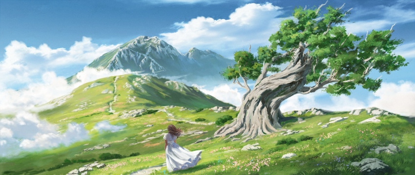 1girl above_clouds blue_sky brown_hair clouds cloudy_sky day dress flower from_behind grass highres landscape long_hair mountain mountainous_horizon nature original outdoors path rock scenery short_sleeves sky solo standing tenca_arts tree white_dress wide_shot