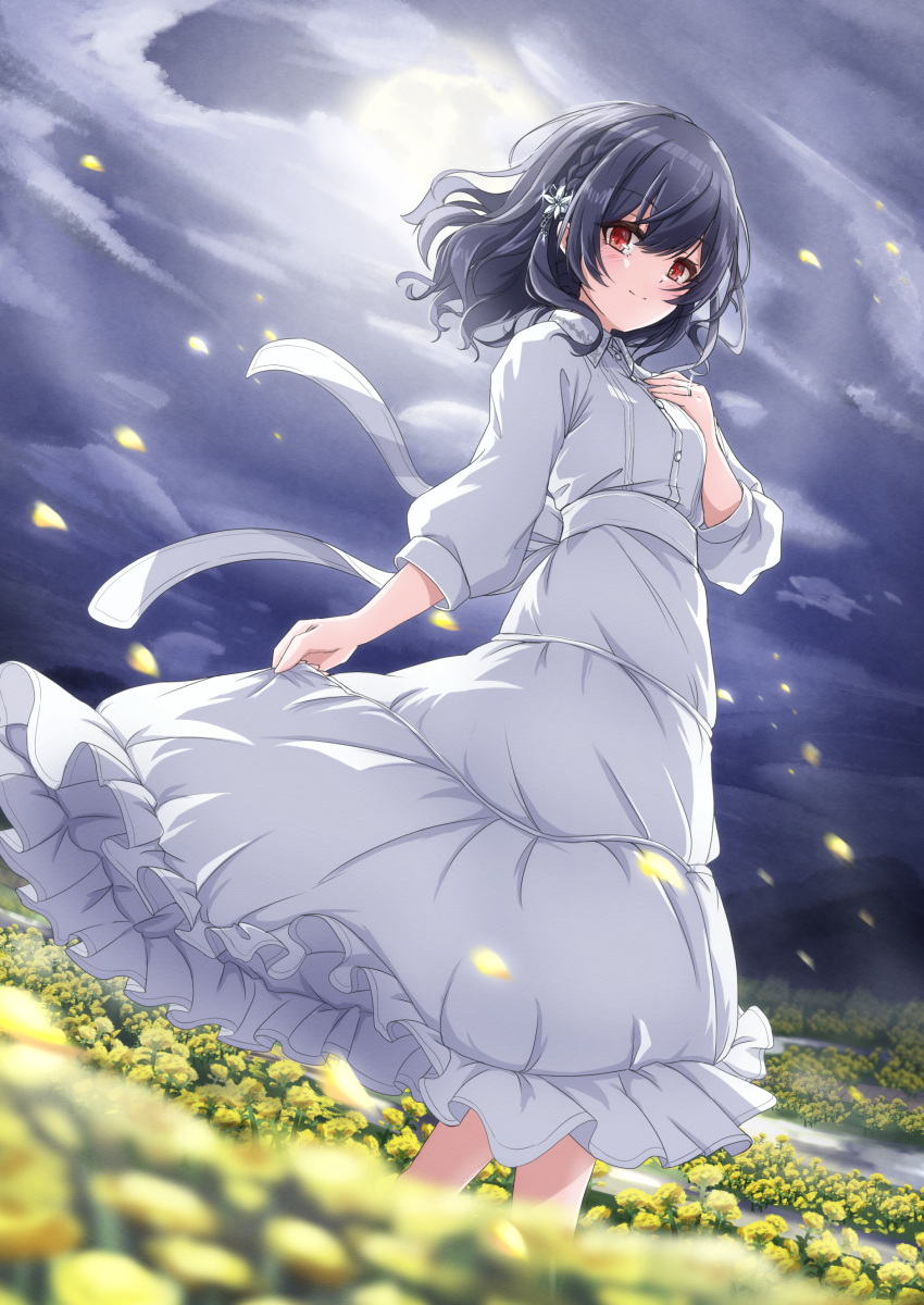 1girl absurdres blue_hair blush breasts dark_blue_hair dress falling_petals field floating_hair flower flower_field highres howaso idolmaster idolmaster_shiny_colors looking_at_viewer moon morino_rinze outdoors petals red_eyes small_breasts solo white_dress yellow_flower