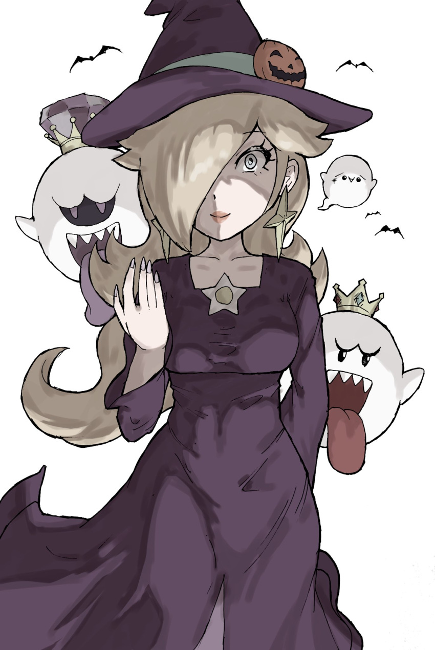 1girl bat_(animal) blonde_hair boo_(mario) breasts commentary_request crown dress earrings hair_over_one_eye halloween_costume hat highres jewelry king_boo long_dress long_hair looking_at_viewer mario_kart mario_kart_tour medium_breasts purple_dress purple_nails rosalina rosalina_(halloween) simple_background solo star_(symbol) star_earrings super_mario_bros. toggy_keiichi white_background witch_hat