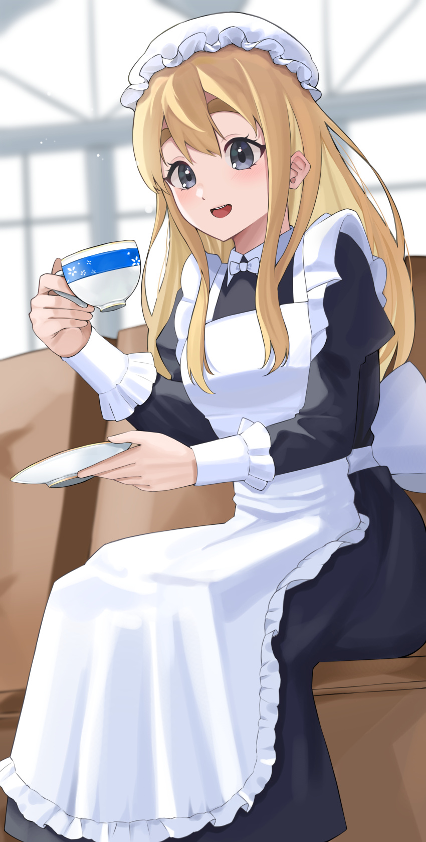 1girl :d absurdres apron black_dress blonde_hair blue_eyes blush commentary_request cup dress frilled_apron frills hair_between_eyes highres holding holding_cup holding_plate indoors k-on! kotobuki_tsumugi long_hair long_sleeves looking_at_viewer maid maid_apron open_mouth plate sitting smile solo teacup teeth thick_eyebrows upper_teeth_only white_apron yaki_tai