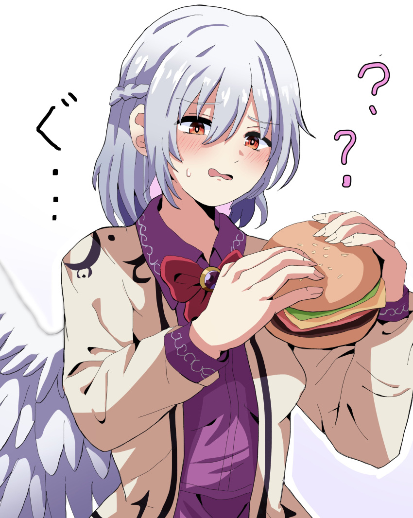 1girl ? absurdres amakaze16 bow bowtie burger confused food highres jacket kishin_sagume long_sleeves purple_shirt red_bow red_bowtie red_eyes shirt solo touhou white_background white_hair white_jacket white_wings wings