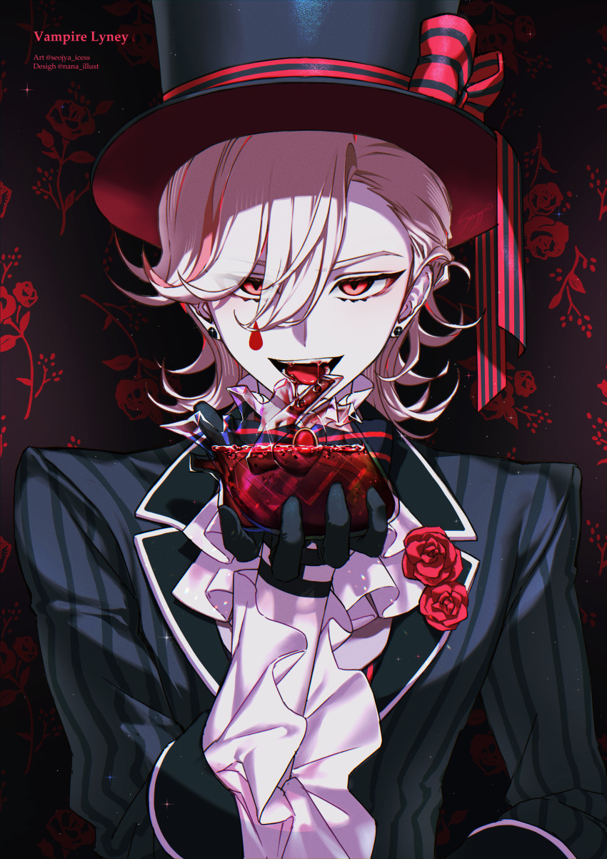 1boy absurdres black_gloves black_headwear black_jacket blood bow character_name ear_piercing english_commentary fangs flower genshin_impact gloves hair_between_eyes hat hat_bow highres ice_s_s_z jacket long_sleeves looking_at_viewer lyney_(genshin_impact) male_focus multicolored_hair open_mouth piercing red_eyes red_flower red_rose redhead rose simple_background solo streaked_hair striped striped_bow striped_jacket teardrop_facial_mark top_hat twitter_username upper_body vampire white_hair