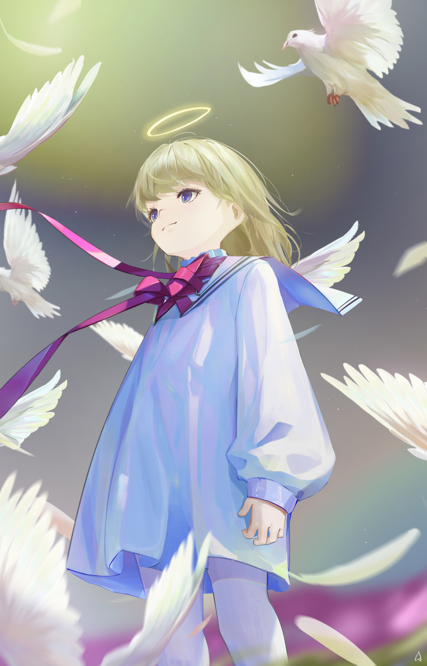 1girl absurdres agwing86 angel bird blonde_hair blue_eyes closed_mouth dress feathered_wings from_below halo highres long_hair long_sleeves original pantyhose sailor_collar solo white_dress white_pantyhose wings