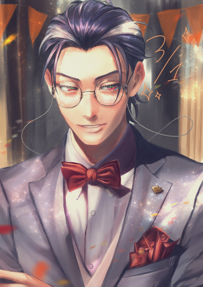 1boy absurdres bishounen black_hair bow bowtie breast_pocket buttons collared_shirt eyelashes hair_slicked_back highres hypnosis_mic looking_to_the_side male_focus multicolored_hair parted_lips pocket red_bow red_bowtie red_eyes round_eyewear sanomi_pori shirt solo streaked_hair string_of_flags suit_jacket tsutsujimori_rosho upper_body white_shirt