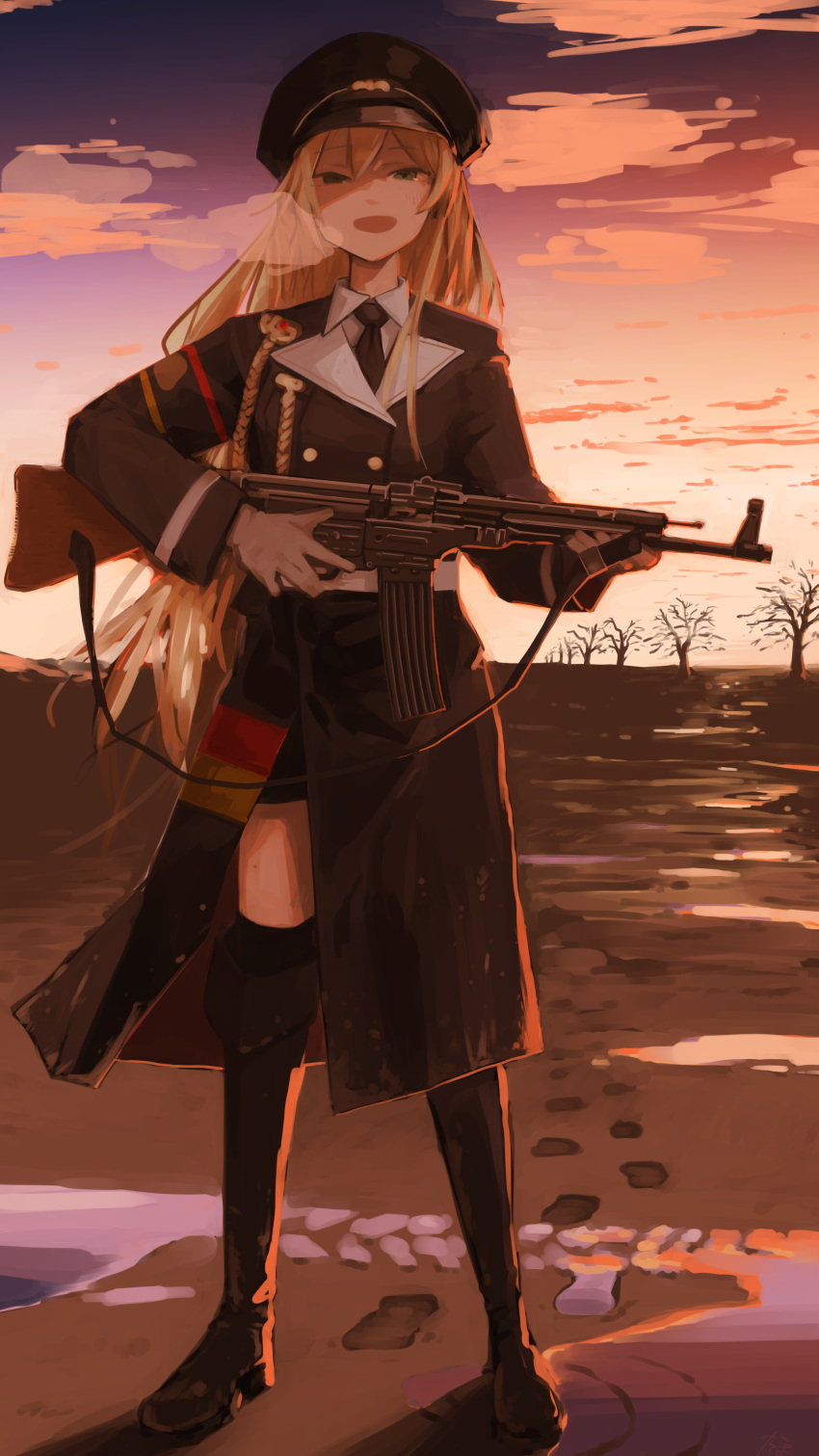 1girl absurdres aiguillette bare_tree black_footwear black_jacket black_necktie black_thighhighs blonde_hair boots breath character_request collared_shirt commentary_request commission copyright_request girls_frontline green_eyes gun highres holding holding_gun holding_weapon jacket kappa_modoki long_hair long_sleeves looking_at_viewer military_uniform necktie open_mouth shirt skeb_commission stg44_(girls'_frontline) thigh-highs tree uniform very_long_hair weapon weapon_request white_shirt