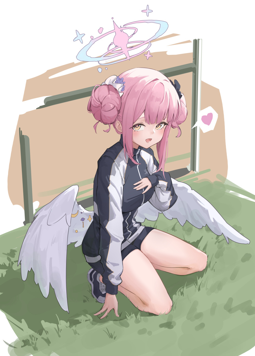 1girl absurdres black_shorts blue_archive breasts commentary_request double_bun feathered_wings gym_uniform hair_bun halo hand_on_own_chest heart highres kneeling long_hair long_sleeves looking_at_viewer low_wings medium_breasts mika_(blue_archive) nariku open_mouth pink_hair pink_halo shoes shorts sidelocks smile solo spoken_heart white_wings wings yellow_eyes