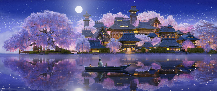 1girl architecture black_hair boat building cat cherry_blossoms city_lights commentary_request east_asian_architecture full_moon highres lake lantern moon night night_sky original outdoors petals reflection reflective_water scenery sky star_(sky) starry_sky tenca_arts tower tree very_wide_shot watercraft