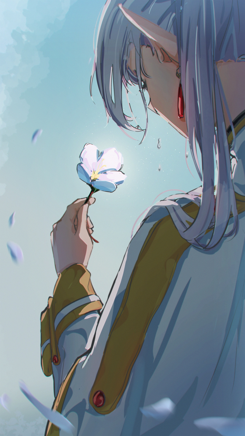 1girl absurdres capelet commentary dangle_earrings earrings elf falling_petals flower frieren from_behind hand_up highres holding holding_flower imori_(imori7) jewelry long_hair long_sleeves petals pointy_ears simple_background solo sousou_no_frieren upper_body white_capelet white_flower white_hair