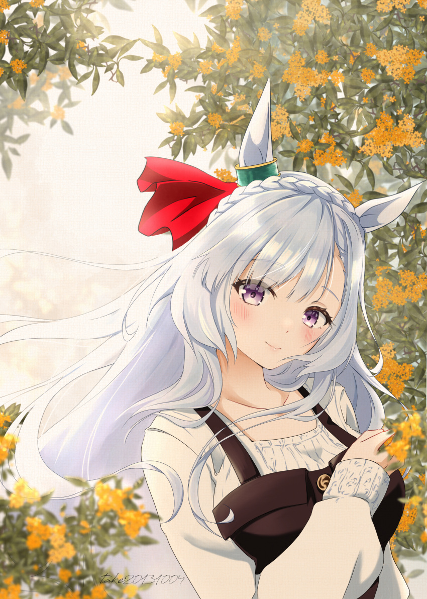 1girl absurdres alternate_costume animal_ears artist_name blush braid breasts brown_dress commentary_request crown_braid dated dress ear_ornament flower gold_osmanthus grey_hair highres horse_ears horse_girl long_hair looking_at_viewer medium_breasts mejiro_ardan_(umamusume) outdoors smile solo sweater take20131004 umamusume upper_body violet_eyes white_sweater