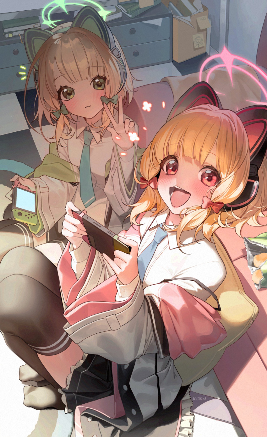 2girls absurdres animal_ear_headphones animal_ears blonde_hair blue_archive blush bow cat_ear_headphones controller fake_animal_ears game_controller green_eyes hair_bow halo handheld_game_console headphones highres holding holding_handheld_game_console indoors jacket long_sleeves looking_at_viewer midori_(blue_archive) momoi_(blue_archive) multiple_girls necktie nintendo_switch open_mouth playing_games sei!cho shirt short_hair siblings sisters smile tail twins v white_jacket