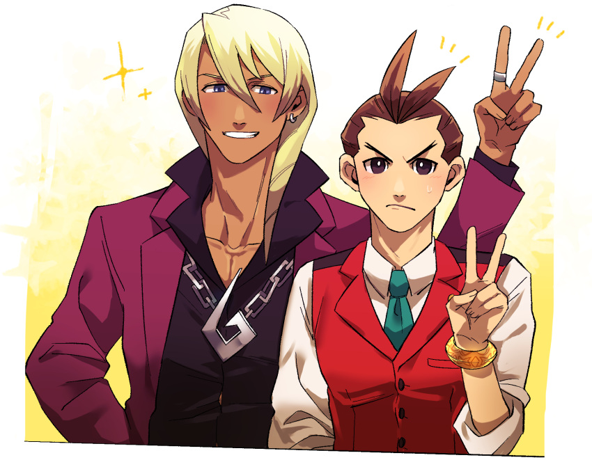 &gt;:( 2boys ace_attorney antenna_hair apollo_justice aqua_necktie black_shirt blonde_hair blue_eyes blush bracelet brown_eyes brown_hair button_gap buttons chain_necklace collared_shirt dark-skinned_male dark_skin drill_hair earrings forked_eyebrows grin hair_over_shoulder hand_on_own_hip highres jacket jewelry klavier_gavin lapel_pin lapels layered_sleeves long_sleeves looking_at_another looking_at_viewer male_focus medium_hair multiple_boys necklace necktie open_clothes open_collar open_jacket pocket popped_collar purple_jacket red_vest ring shirt short_hair single_earring sleeves_rolled_up smile sparkle sweat tarragon upper_body v v-shaped_eyebrows vest white_shirt yellow_background