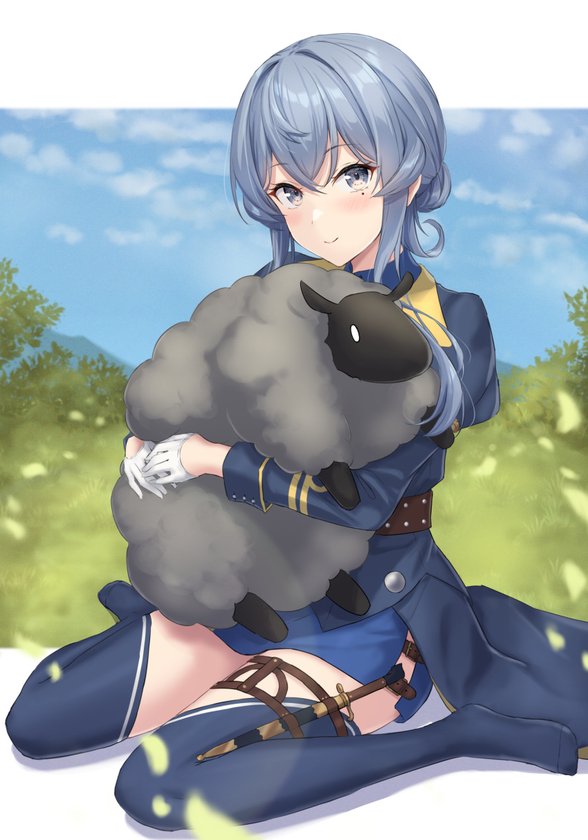 1girl absurdres animal black_jacket black_thighhighs blue_eyes blue_hair blue_skirt closed_mouth gloves gotland_(kancolle) hair_between_eyes half_gloves highres jacket juliet_sleeves kantai_collection long_sleeves looking_at_viewer medium_hair mole mole_under_eye monoku puffy_sleeves sheep skirt smile solo thigh-highs white_gloves