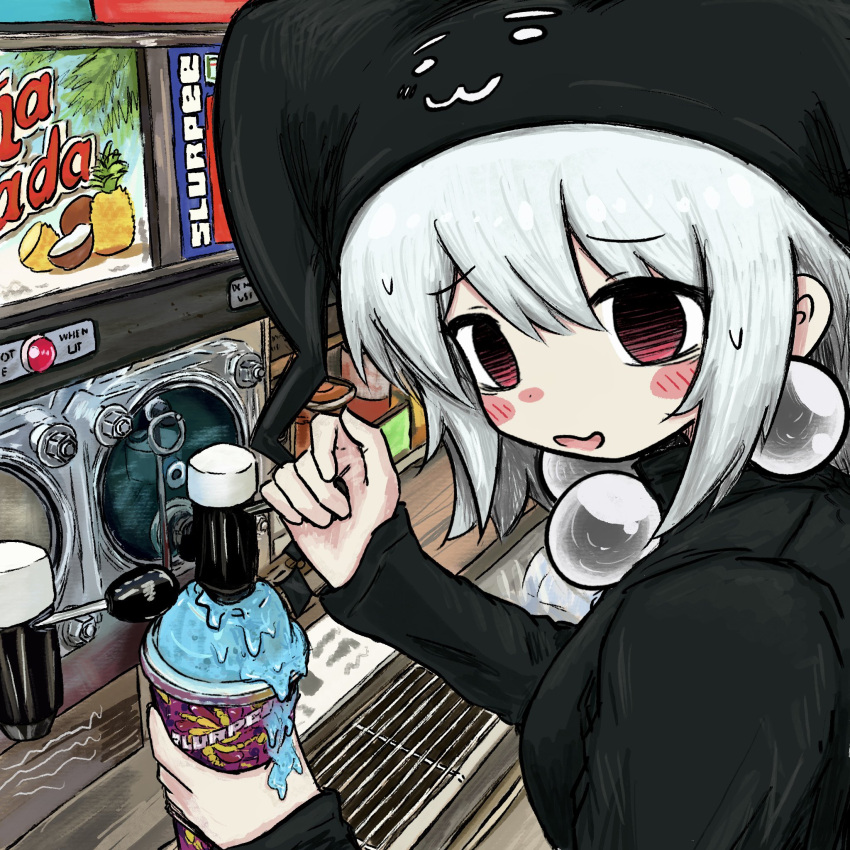 1girl black_headwear black_shirt bubbacterial cup earrings from_side grey_hair hands_up hat highres holding holding_cup jester_cap jewelry large_earrings long_sleeves looking_at_viewer mayura open_mouth red_eyes shirt short_hair sidelocks smile soda_fountain solo turtleneck ukagaka upper_body