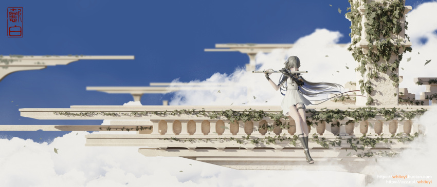 1girl above_clouds black_hair blue_hair clouds colored_inner_hair flute highres instrument mechanical_arms mechanical_parts multicolored_hair plant playing_flute punishing:_gray_raven scenery selena:_capriccio_(punishing:_gray_raven) selena_(punishing:_gray_raven) single_mechanical_arm sky vines watermark yibai