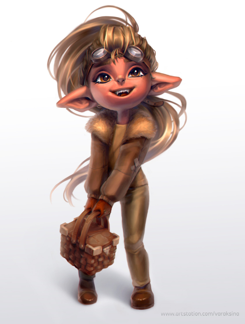 1girl aged_down basket beatrix_snapfire brown_coat brown_eyes brown_footwear brown_hair brown_pants coat colored_skin dota_(series) dota_2 ekaterina_varaksina full_body gloves goggles goggles_on_head highres holding holding_basket long_hair open_mouth pants photoshop_(medium) red_gloves red_skin solo standing web_address white_background