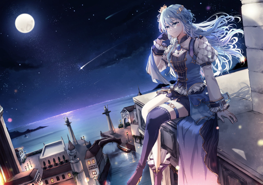 1girl absurdres blue_hair brooch canal crown dress gloves highres hololive hoshimachi_suisei jewelry lamppost long_hair looking_at_viewer moon night night_sky potamikouu shooting_star sitting skirt sky solo_focus star_(sky) thigh-highs town virtual_youtuber water
