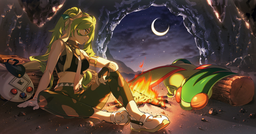 1girl arm_support campfire closed_mouth clouds commentary_request crescent_moon fire flygon gcckg gloves green_hair ground_miku_(project_voltage) hair_ribbon hatsune_miku highres long_hair looking_down moon necktie night pants pokemon pokemon_(creature) project_voltage ribbon shirt shoes sitting sky sleeveless sleeveless_shirt smile vocaloid white_footwear