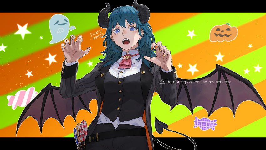 1girl 91007 artist_name ascot bat_wings belt black_belt black_horns black_pants black_tail black_vest blue_eyes blue_hair breasts buttons byleth_(female)_(fire_emblem) byleth_(fire_emblem) candy demon_horns demon_tail english_text fingernails fire_emblem fire_emblem:_three_houses food ghost grey_jacket halloween hands_up highres horns jack-o'-lantern jacket lapels letterboxed lollipop long_sleeves looking_at_viewer medium_breasts medium_hair nail_polish open_clothes open_jacket open_mouth orange_nails outline outside_border pants red_ascot shirt sleeve_cuffs solo star_(symbol) striped striped_jacket swirl_lollipop tail teeth twitter_username upper_teeth_only vertical-striped_jacket vertical_stripes vest white_outline white_shirt wings