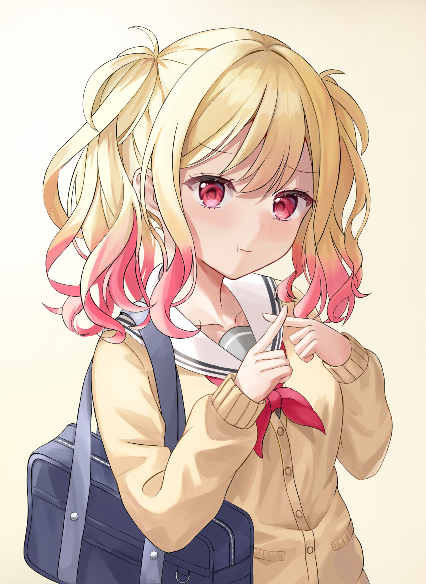 1girl :t absurdres bag blonde_hair blue_bag brown_cardigan buttons cardigan closed_mouth colored_tips commentary gradient_background gradient_hair grey_shirt highres index_fingers_raised light_blush long_sleeves looking_at_viewer medium_hair miyamasuzaka_girls'_academy_school_uniform multicolored_hair neckerchief pink_background pink_eyes pink_hair project_sekai red_neckerchief sailor_collar school_bag school_uniform shirafune shirt shoulder_bag solo striped tenma_saki twintails upper_body wavy_hair white_background white_sailor_collar