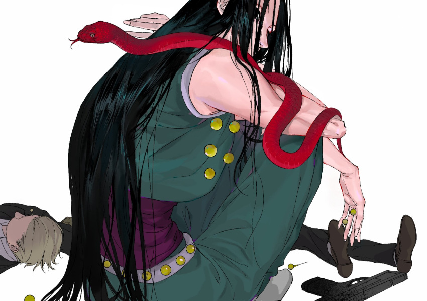 310108ad 3boys after_battle animal_on_shoulder black_eyes black_hair corpse cropped_shirt empty_eyes expressionless full_body highres holding holding_needle hunter_x_hunter illumi_zoldyck knees_up long_hair looking_at_viewer male_focus multiple_boys needle pants red_snake sideways_glance simple_background sitting sleeveless snake solo_focus toned toned_male unkempt white_background