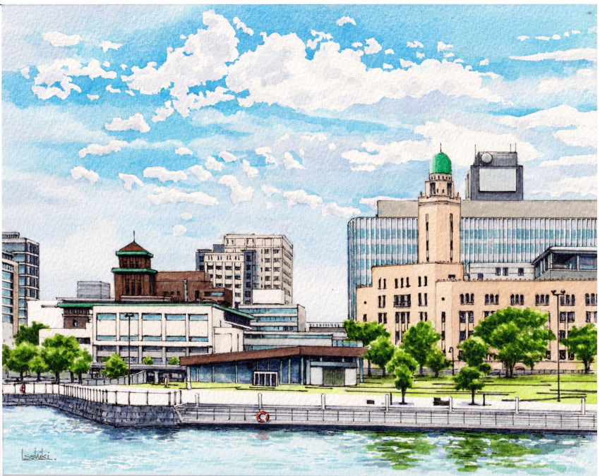 blue_sky building city clouds cloudy_sky day grass highres lamppost lifebuoy no_humans original painting_(medium) path plant reflection reflective_water signature sky toirom_pmxh traditional_media utility_pole water window yokohama