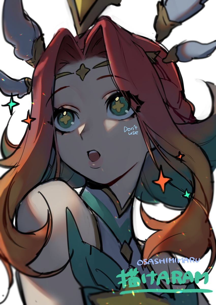 1girl :o absurdres bare_shoulders bow bowtie braid brown_hair green_bow green_bowtie green_eyes hair_ornament highres league_of_legends long_hair looking_to_the_side neeko_(league_of_legends) parted_bangs portrait redhead simple_background solo sparkle star_guardian_neeko teeth upper_teeth_only white_background wosashimi