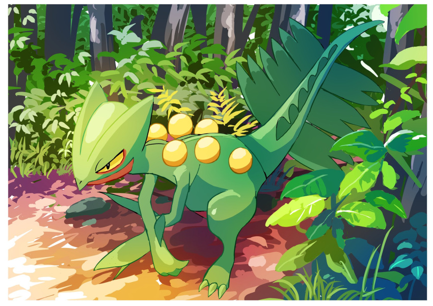 border bush closed_mouth crossed_arms day forest full_body hazikamiio highres nature no_humans outdoors pokemon pokemon_(creature) sceptile standing tree vegetation