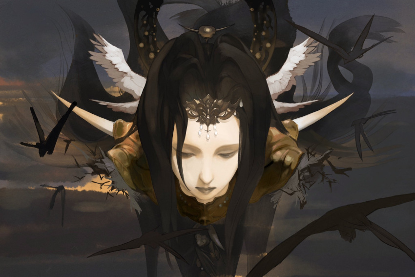 1girl 7enn black_eyes black_hair black_lips circlet collar colored_skin expressionless feathered_wings final_fantasy final_fantasy_xiv floating floating_hair from_above head_only head_wings headpiece highres long_hair metal_collar multiple_wings portrait realistic simple_bird solo the_endsinger white_skin wings