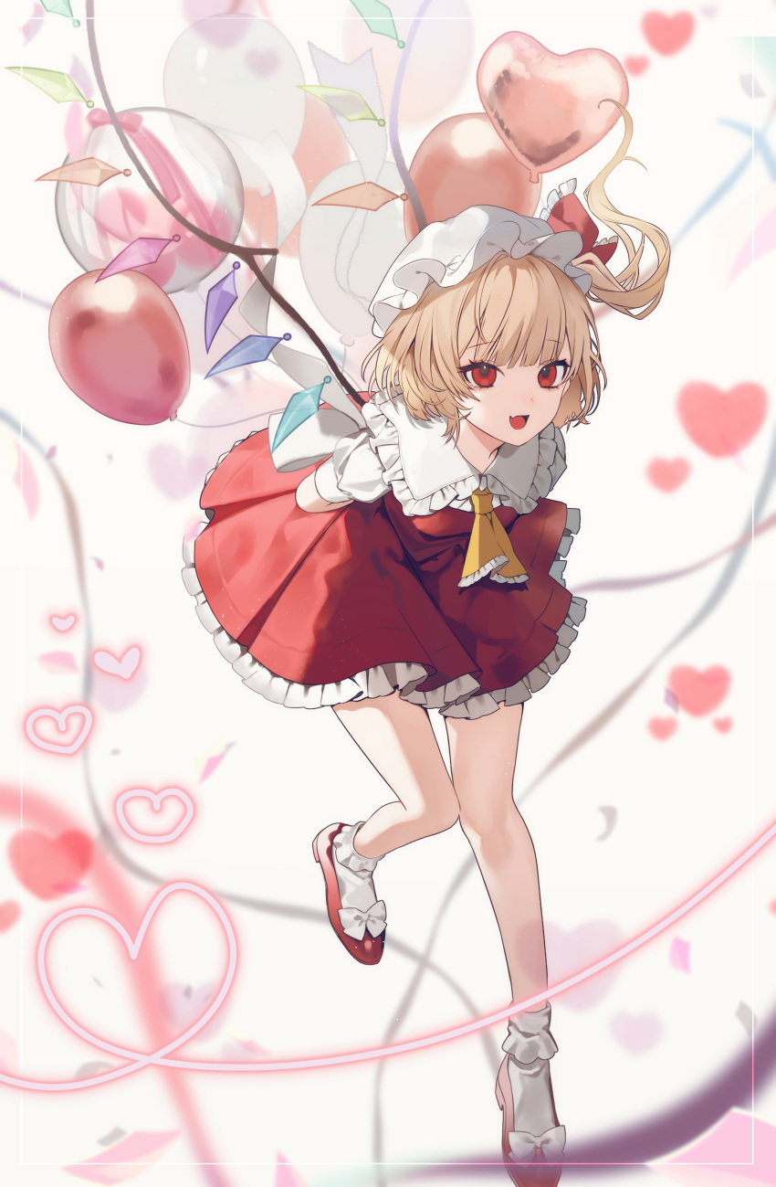 1girl absurdres arms_behind_back ascot balloon black_bow blonde_hair bow collared_shirt crystal daimaou_ruaeru flandre_scarlet footwear_bow full_body hair_between_eyes hat hat_bow heart heart_balloon high_heels highres leg_up looking_at_viewer mob_cap multicolored_wings one_side_up puffy_short_sleeves puffy_sleeves red_eyes red_footwear red_skirt red_vest shirt shoes short_hair short_sleeves simple_background skirt skirt_set smile socks solo standing standing_on_one_leg tongue tongue_out touhou vest white_background white_headwear white_shirt white_socks wings yellow_ascot
