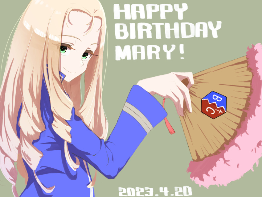 1girl bc_freedom_military_uniform birthday blonde_hair blue_jacket brown_background character_name closed_mouth dated drill_hair english_text folding_fan from_side girls_und_panzer green_eyes hand_fan happy_birthday holding holding_fan jacket long_hair long_sleeves looking_at_viewer marie_(girls_und_panzer) military_uniform oritako simple_background smile solo uniform upper_body