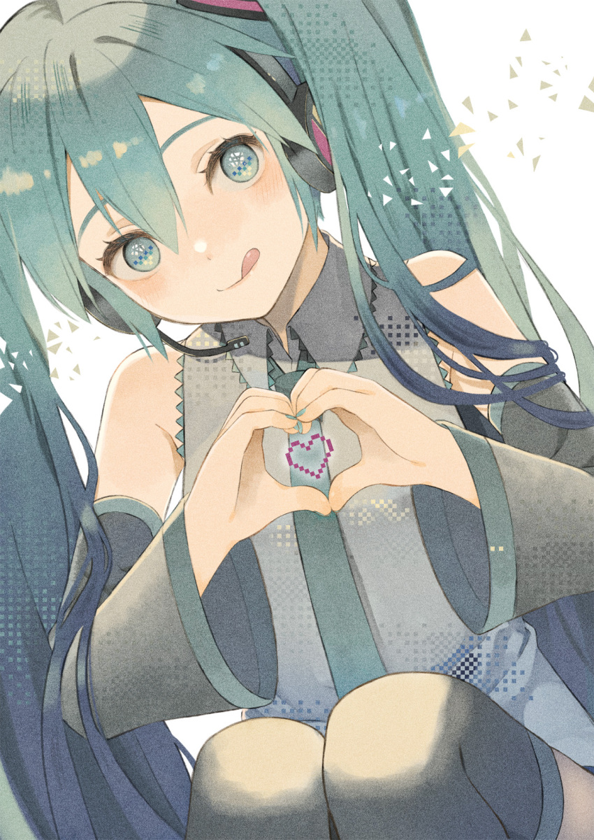 aqua_eyes aqua_hair black_sleeves blue_eyes blue_hair blue_necktie boots commentary_request detached_sleeves grey_shirt hair_ornament hatsune_miku heart heart_hands highres long_hair necktie original-orange-610917 shirt sleeveless sleeveless_shirt thigh_boots twintails very_long_hair vocaloid white_background