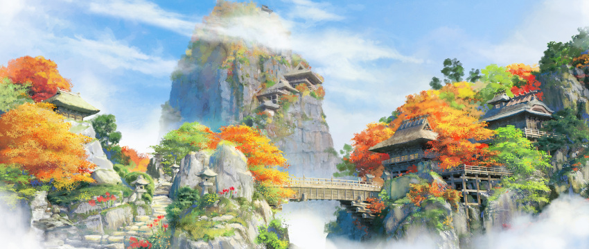 architecture autumn blue_sky bridge building clouds cloudy_sky day east_asian_architecture highres mountain no_humans original outdoors scenery sky stairs stone_lantern stone_stairs tenca_arts tree