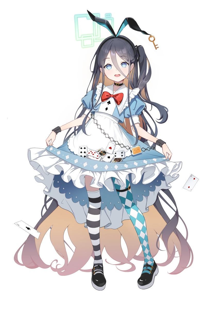 1girl absurdly_long_hair absurdres apron aris_(blue_archive) asymmetrical_legwear black_footwear black_hair blue_archive blue_eyes blue_shirt blue_skirt card dampi frilled_skirt frills full_body green_halo halo highres key long_hair looking_at_viewer mismatched_legwear open_mouth puffy_short_sleeves puffy_sleeves shirt shoes short_sleeves simple_background single_leg_pantyhose single_thighhigh skirt smile solo striped striped_thighhighs thigh-highs very_long_hair waist_apron white_apron white_background wrist_cuffs