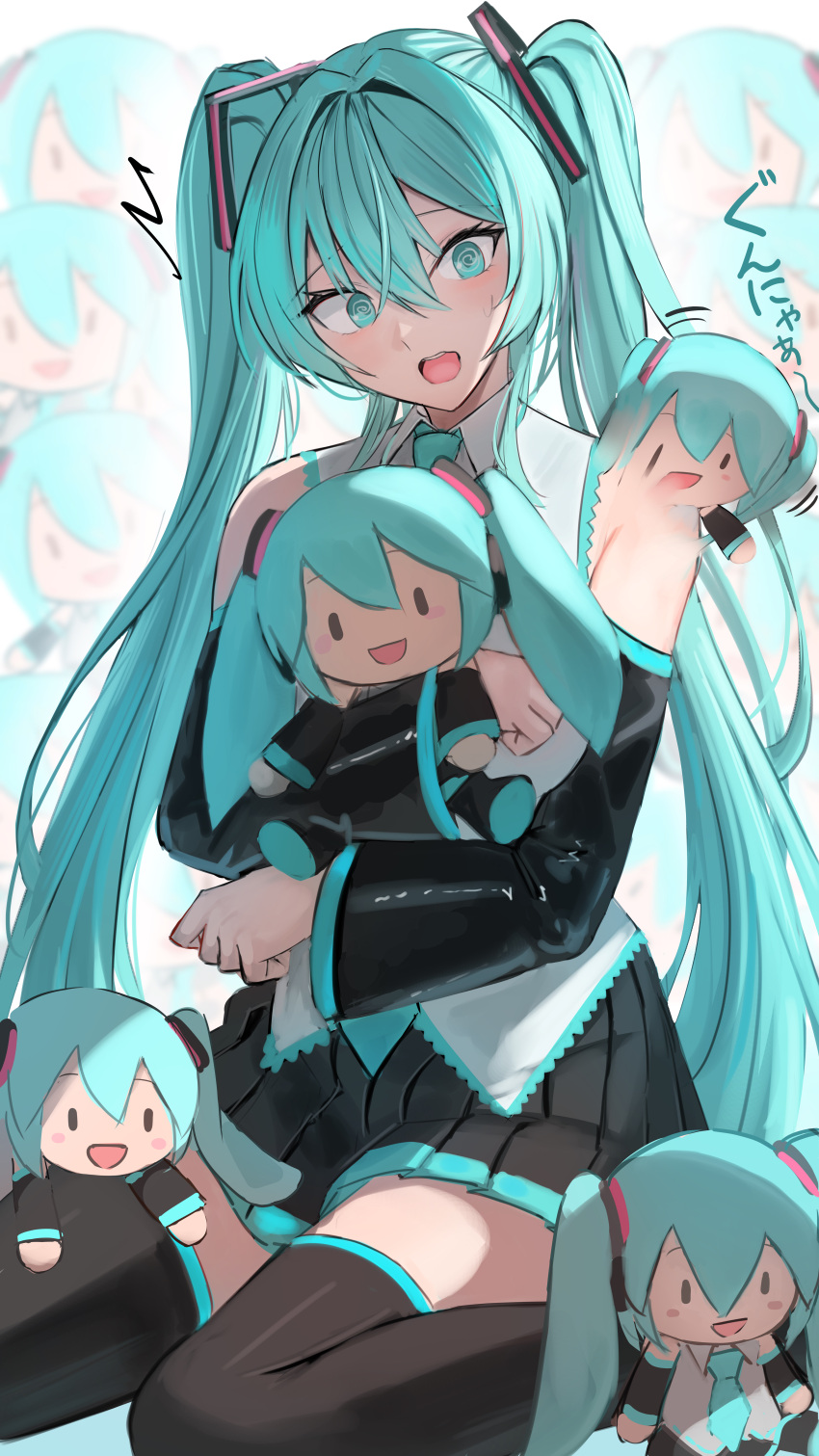 1girl @_@ ^^^ absurdres aqua_eyes aqua_hair aqua_necktie black_footwear black_skirt black_sleeves boots character_doll collared_shirt commentary detached_sleeves furrowed_brow grey_shirt hair_between_eyes hair_ornament hana_hebi hatsune_miku highres hugging_doll hugging_object long_hair motion_lines necktie open_mouth pleated_skirt shirt sitting skirt sleeveless sleeveless_shirt solo teeth thigh_boots translation_request twintails upper_teeth_only very_long_hair vocaloid wariza wide_sleeves