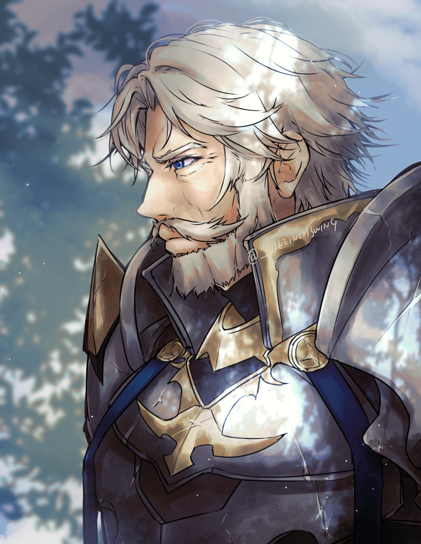 1boy armor beard facial_hair facing_to_the_side fire_emblem fire_emblem_engage from_side grey_hair highres looking_to_the_side male_focus mustache old old_man solo umi_(_oneinchswing) upper_body vander_(fire_emblem)