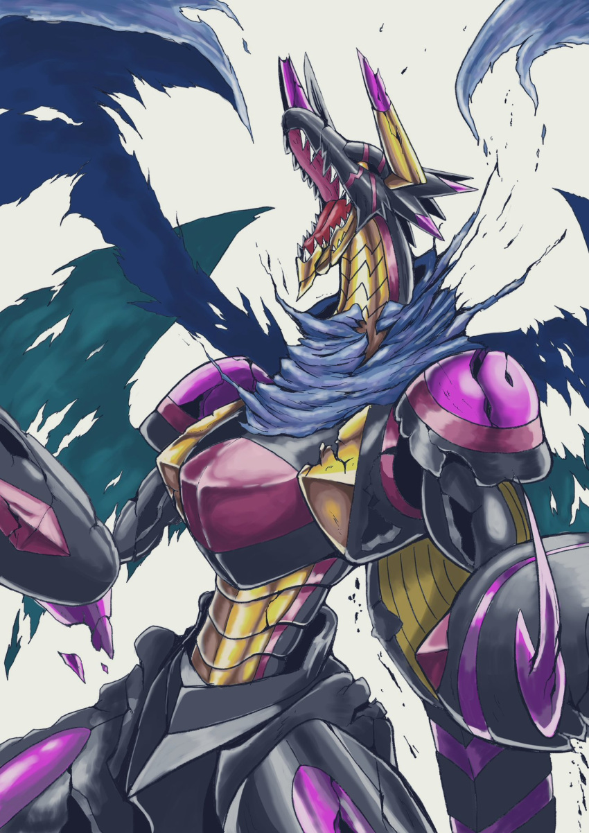 1other armor blue_cape cape digimon digimon_(creature) dragon highres horns no_humans open_mouth regulusmon robot sawa_d sharp_teeth simple_background solo teeth torn_cape torn_clothes white_background yellow_eyes