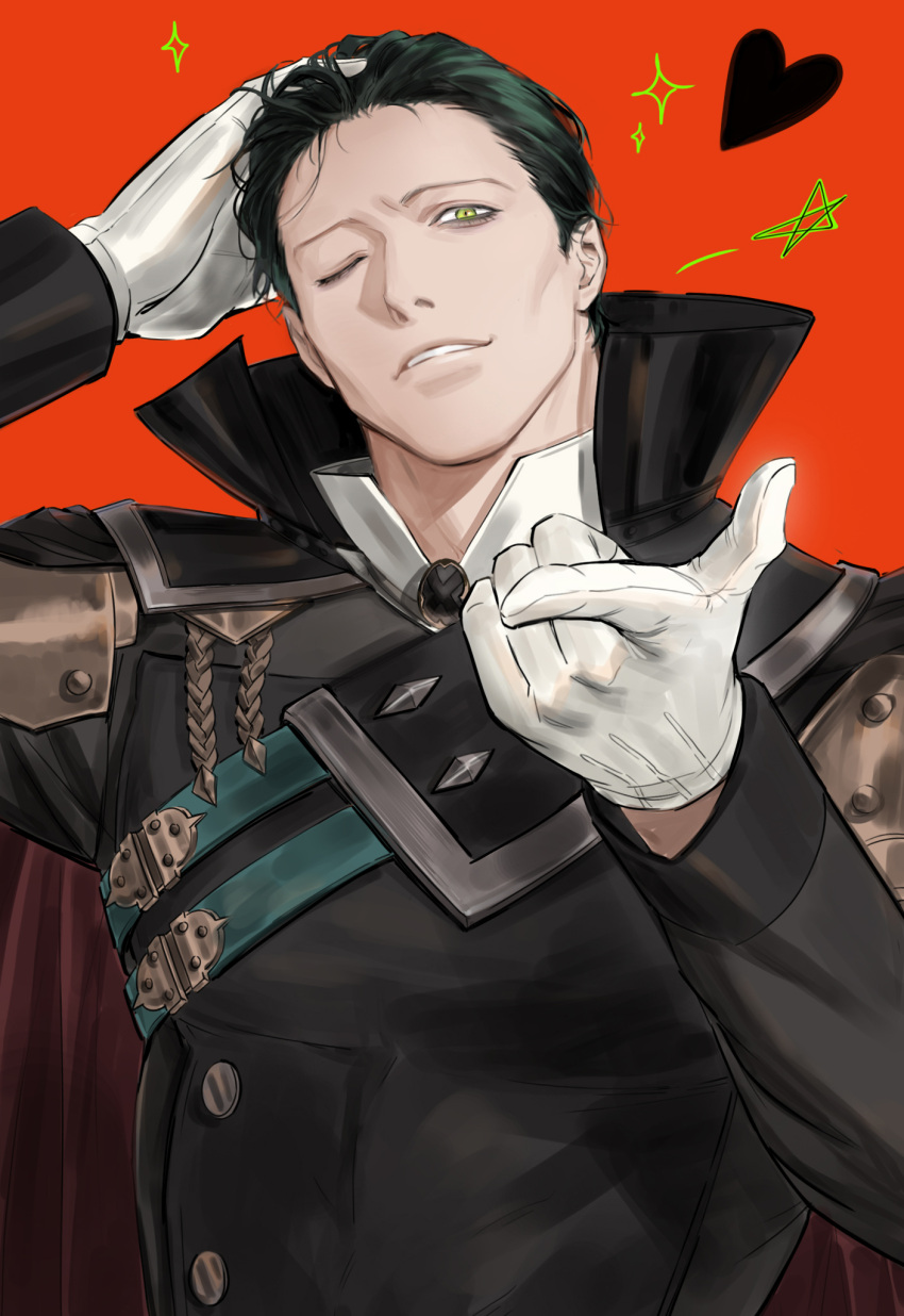 1boy alternate_costume black_hair commentary_request fire_emblem fire_emblem:_three_houses halloween halloween_costume heart highres hubert_von_vestra korean_commentary long_sleeves looking_at_viewer male_focus red_background solo upper_body vampire vestradog yellow_eyes