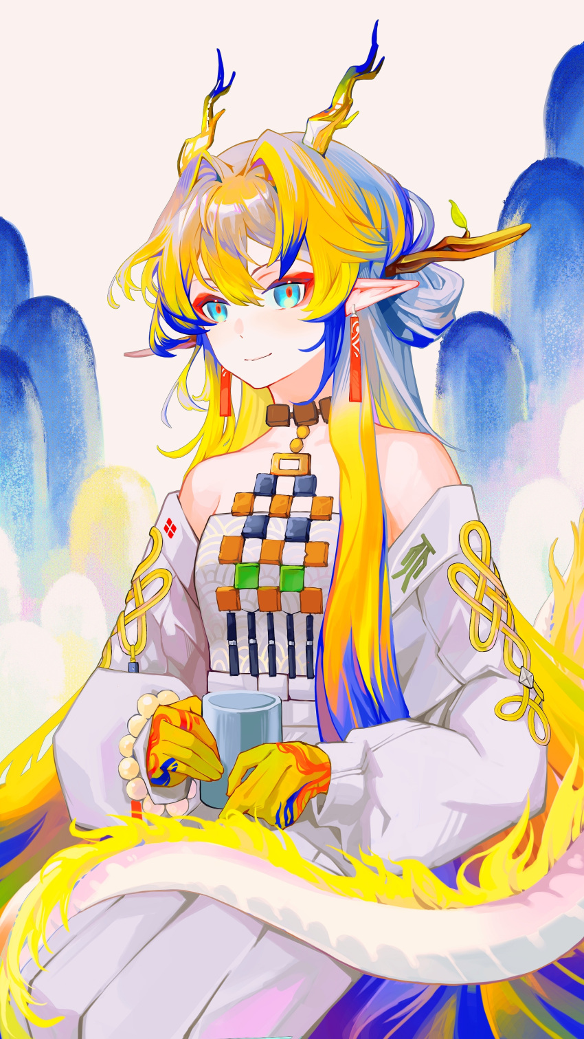 1girl absurdres arknights bare_shoulders beads blonde_hair blue_eyes blue_hair chinese_commentary closed_mouth colored_extremities commentary_request cowboy_shot dragon_girl dragon_horns dragon_tail drink earrings eyeliner grey_hair hair_between_eyes hair_intakes highres holding holding_drink horns jacket jewelry long_hair long_sleeves looking_at_viewer makeup multicolored_hair necklace off_shoulder pointy_ears red_eyeliner seigaiha shu_(arknights) sitting smile solo strapless tail tube_top very_long_hair white_jacket white_tube_top yishihui143_(kari)