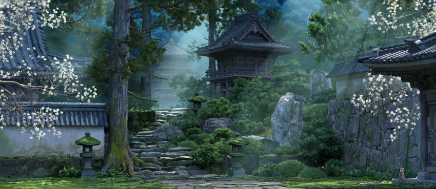 architecture building bush cat commentary day east_asian_architecture flower forest grass highres light_rays nature no_humans original outdoors rock scenery stairs stone_lantern stone_stairs stone_walkway sunbeam sunlight tenca_arts tree wall white_flower