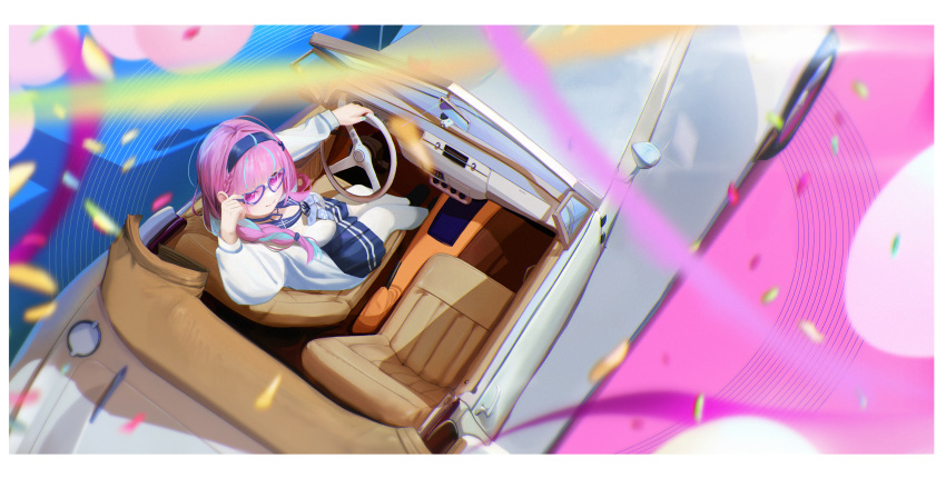 absurdres agwing86 blue_skirt blurry blurry_foreground car driving from_above glasses hairband highres hololive long_hair minato_aqua motor_vehicle multicolored_hair pantyhose pink_hair pleated_skirt skirt virtual_youtuber white_pantyhose