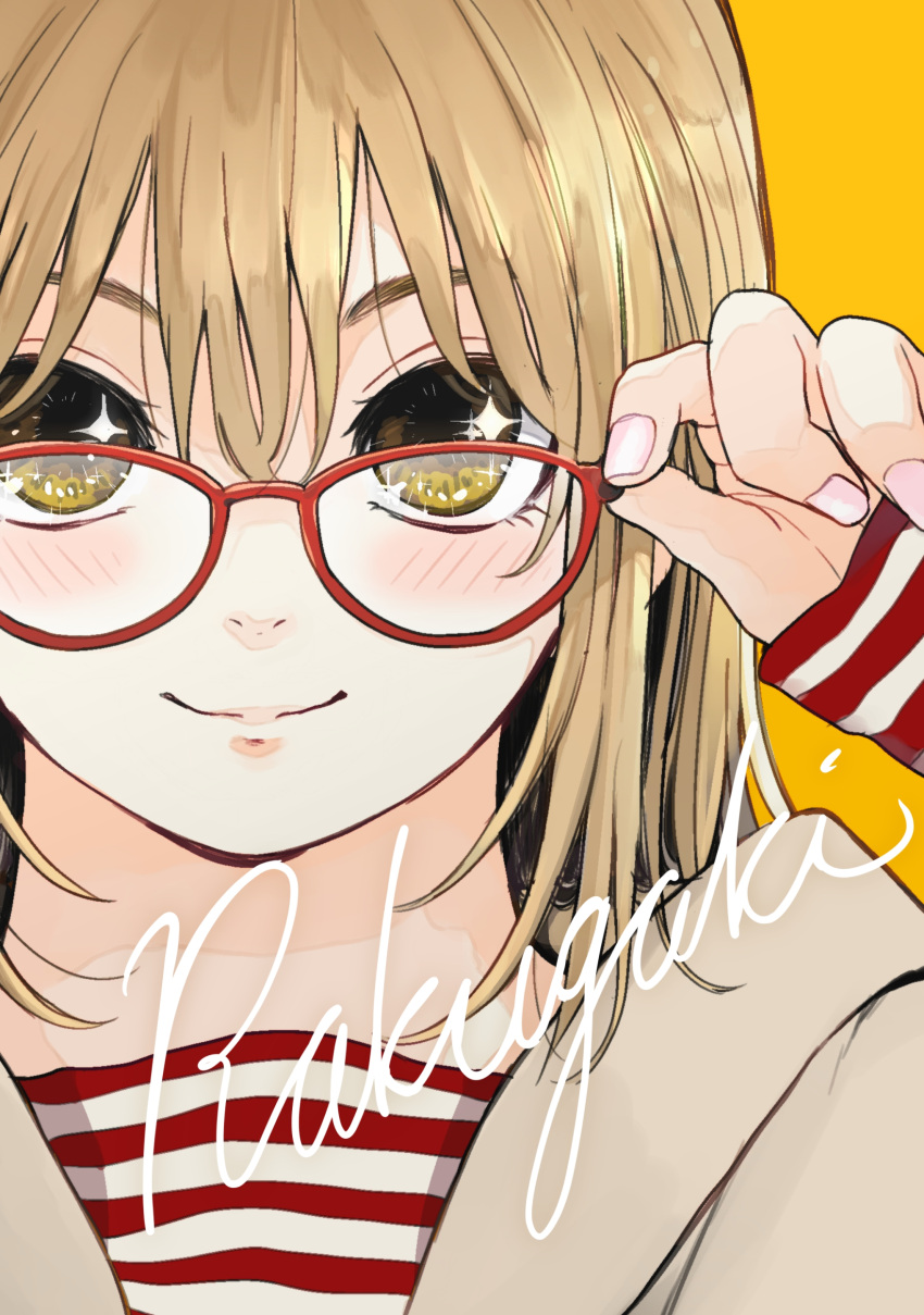 1girl absurdres azumaya_toushirou blonde_hair commentary_request glasses highres looking_at_viewer medium_hair nail_polish original pink_nails red-framed_eyewear smile solo yellow_background yellow_eyes