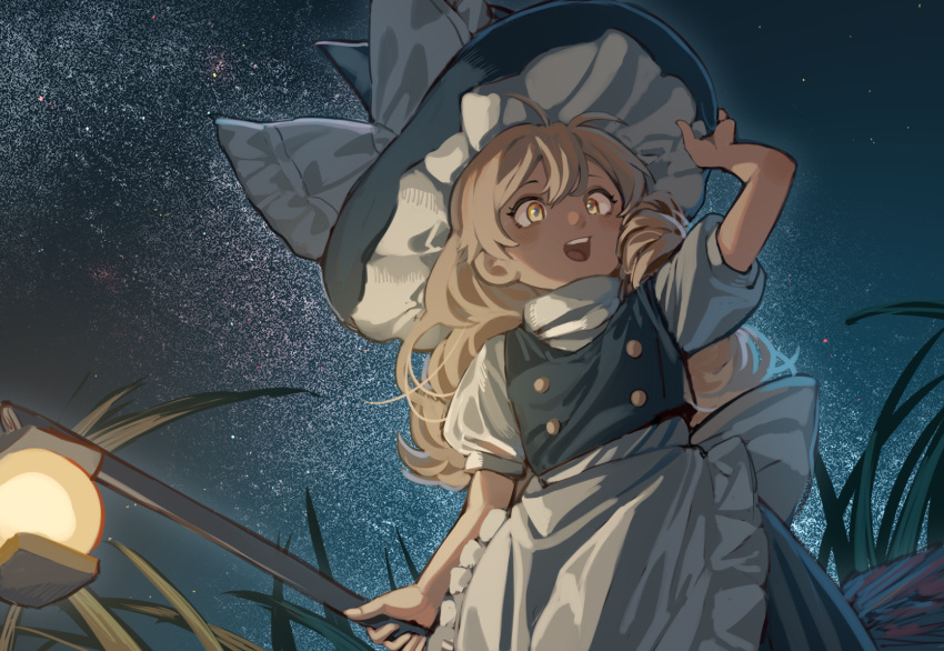 1girl apron black_skirt black_vest blonde_hair broom from_below hat highres kirisame_marisa lantern long_hair milky_way night night_sky open_mouth puffy_short_sleeves puffy_sleeves shirt short_sleeves skirt sky solo star_(sky) touhou tuck vest white_apron white_shirt witch_hat