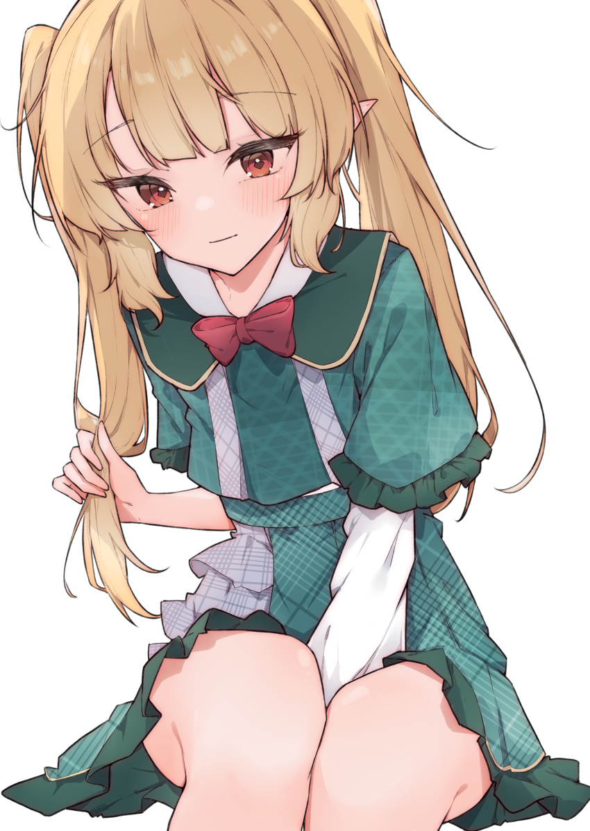 1girl absurdres airenif between_legs blonde_hair blush bow bowtie closed_mouth frilled_sleeves frills green_sailor_collar green_shirt green_skirt hand_between_legs highres holding holding_hair knees looking_at_viewer nijisanji nijisanji_en official_alternate_costume pleated_skirt pointy_ears pomu_rainpuff pomu_rainpuff_(4th_costume) red_bow red_bowtie red_eyes sailor_collar shirt simple_background sitting skirt skirt_set solo twintails virtual_youtuber white_background