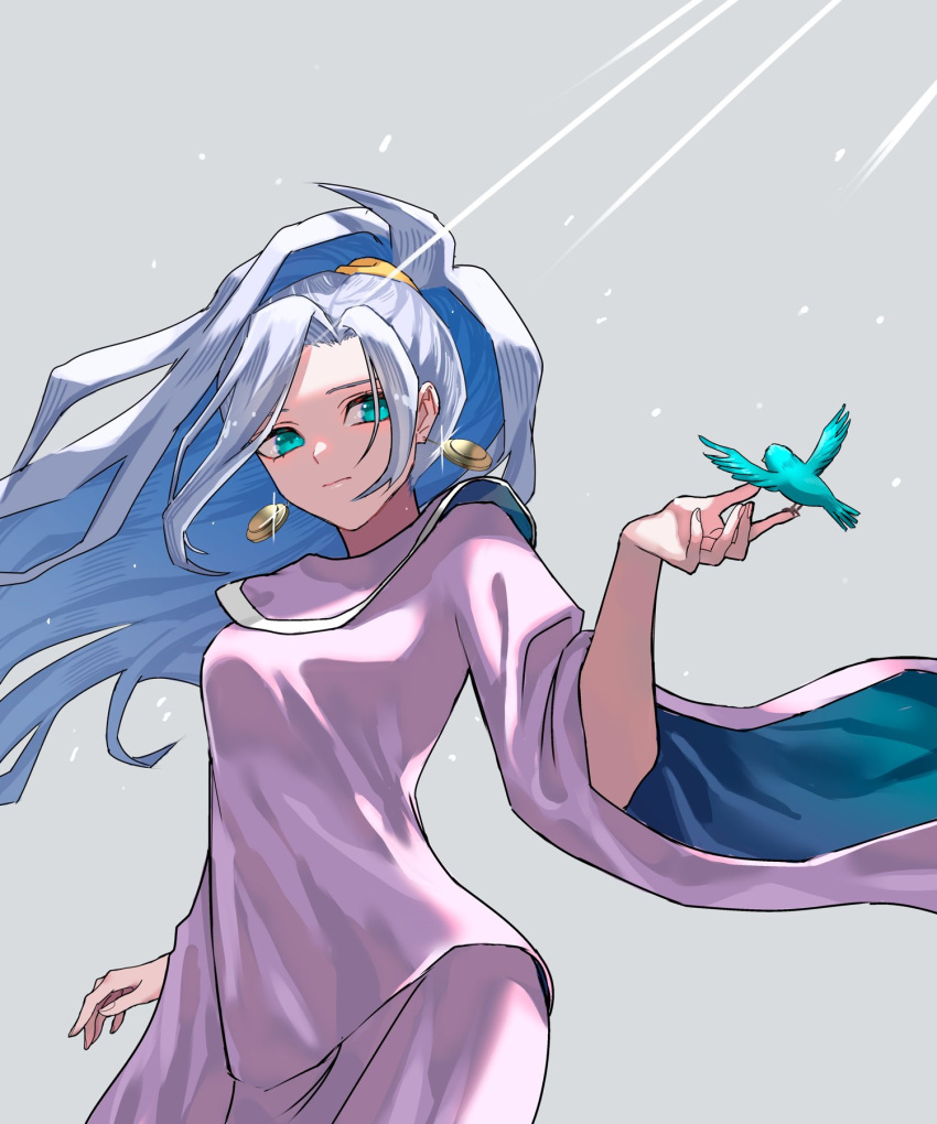 1girl akitaka_(s_asai) bird blue_eyes blue_hair breasts chrono_trigger closed_mouth commentary dress earrings high_ponytail highres jewelry long_hair long_sleeves ponytail robe schala_zeal solo wide_sleeves