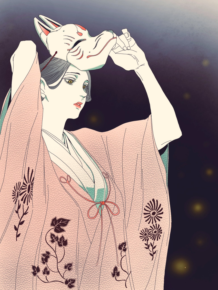 1girl arms_up blue_background floral_print fox_mask from_side gradient_background grey_hair highres japanese_clothes kimono lipstick looking_down makeup mask mask_on_head original parted_lips pink_kimono red_lips solo standing tp_p_pt upper_body wide_sleeves yellow_eyes
